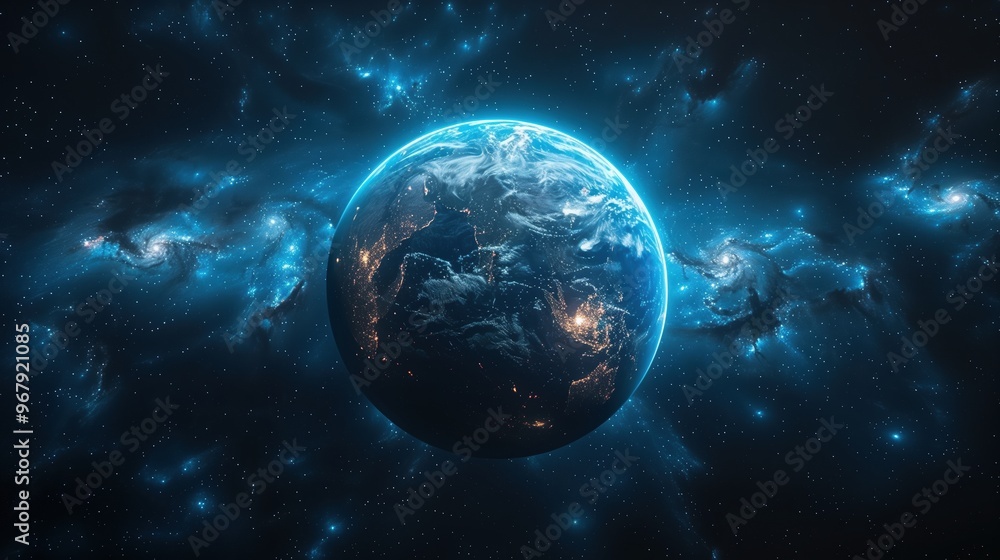 Blue Space Background with Earth in the Distance, Featuring Dark Blue Tones, Luminous Scenes, and Realistic Lighting for Stock Photography Blue Space Background with Earth in the Distance, Featuring Dark Blue Tones, Luminous Scenes, and Realistic Lighting for Stock Photography