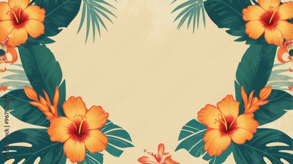 A decorative frame featuring tropical flowers and leaves on a beige background, with a gingerbread elephant accent. A decorative frame featuring tropical flowers and leaves on a beige background, with a gingerbread elephant accent.