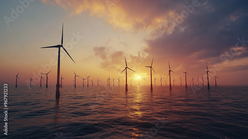 A large group of wind turbines are in the ocean