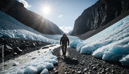 Glacier Wanders in Cloudy Summer: The Expeditioner's Sojourn Engulfed in Landslide photo