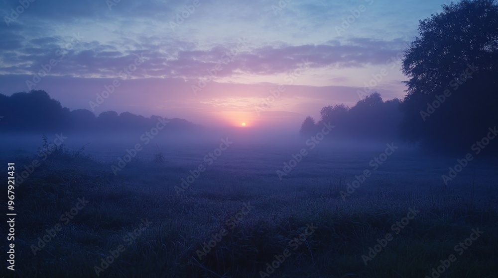 Fototapeta premium A serene sunrise over a misty landscape, evoking tranquility and natural beauty.