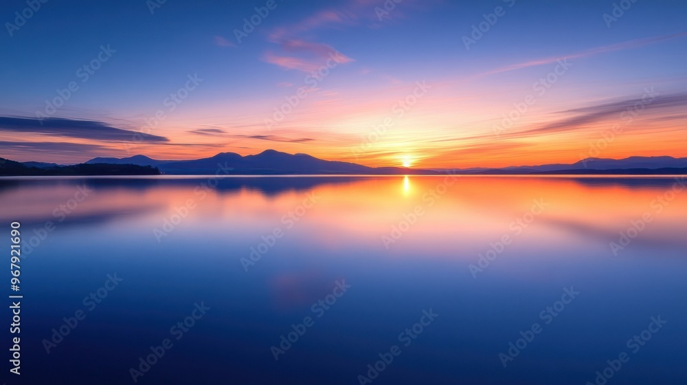Fototapeta premium A serene sunset over a calm lake, reflecting vibrant colors in the water.