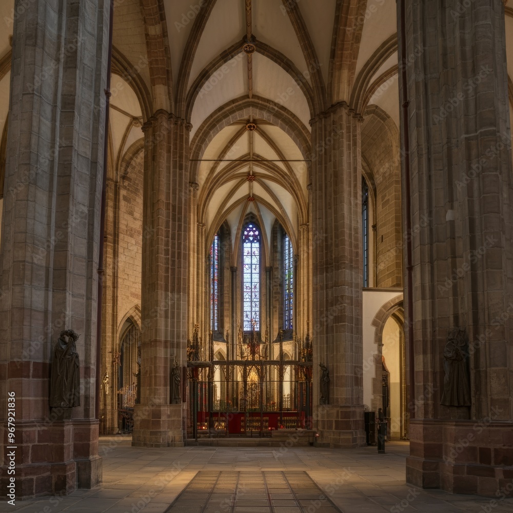 Fototapeta premium A view from below of four columns supporting the high, arched ceiling of Medieval Cathedral