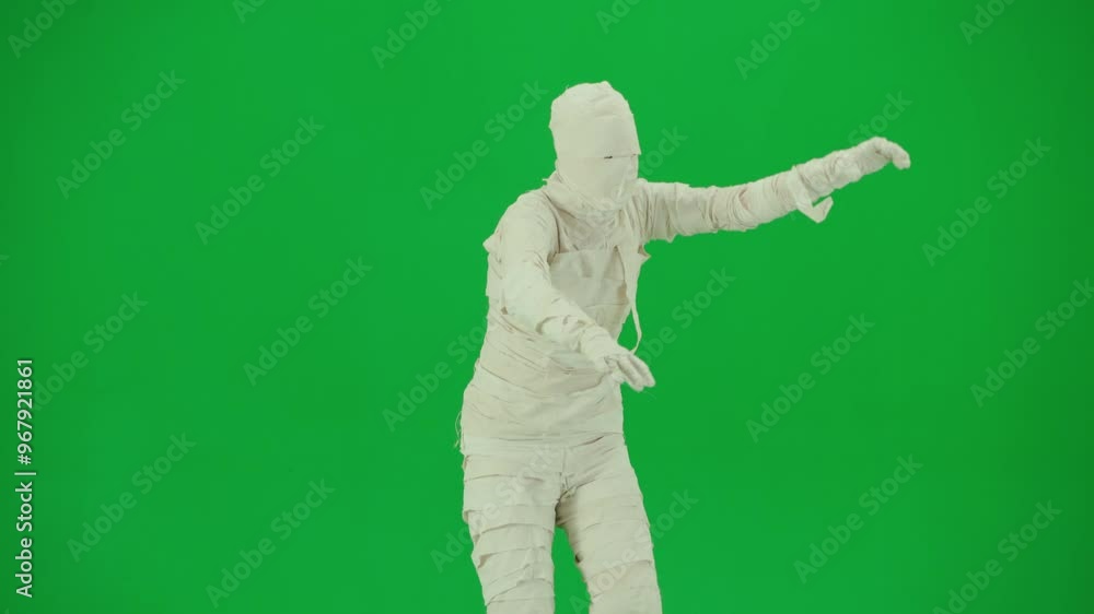 Portrait of person in a mummy bandage on chroma key green screen background. Mummy covered in white cloth ribbons walking with hands up. Portrait of person in a mummy bandage on chroma key green screen background. Mummy covered in white cloth ribbons walking with hands up.
