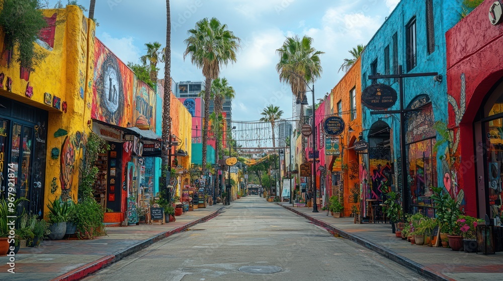 Fototapeta premium Colorful street lined with shops and palm trees in a vibrant area.