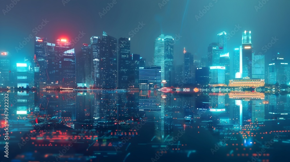 Fototapeta premium Illuminated Cityscape of a Smart and Predictive Maintenance Driven Metropolis at Night