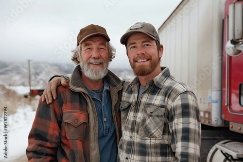 Father and son satisfied trucker. family business. long distance cargo delivery. son does the same thing as father. truck drivers