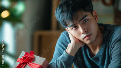 Apologetic Asian Man Holding Gift Box Expresses Regret - Emotional Gift Giving Concept photo