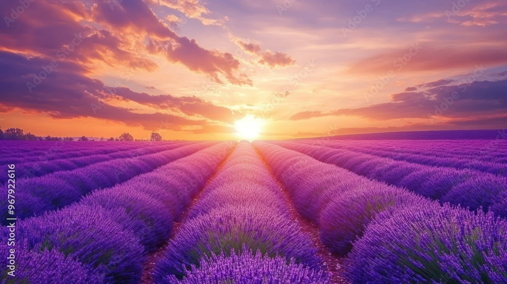 A vibrant lavender field at sunset, showcasing rows of blooming flowers under a colorful sky. A vibrant lavender field at sunset, showcasing rows of blooming flowers under a colorful sky.
