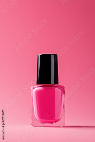 Stylish pink nail polish in a glass bottle against a soft gradient background, perfect for beauty and cosmetic themes.