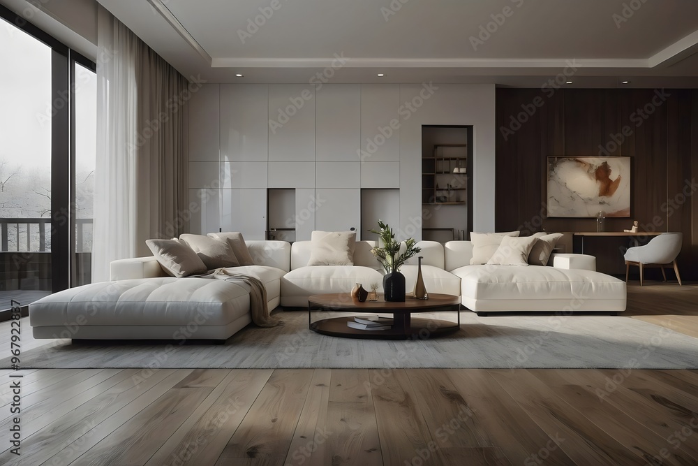 Fototapeta premium Modern living room, home interior design with comfortable with sofa, plant, cozy carpet, coffee table. Genrative AI.