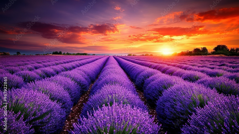 A vibrant lavender field at sunset, showcasing rows of purple blooms under a colorful sky. A vibrant lavender field at sunset, showcasing rows of purple blooms under a colorful sky.