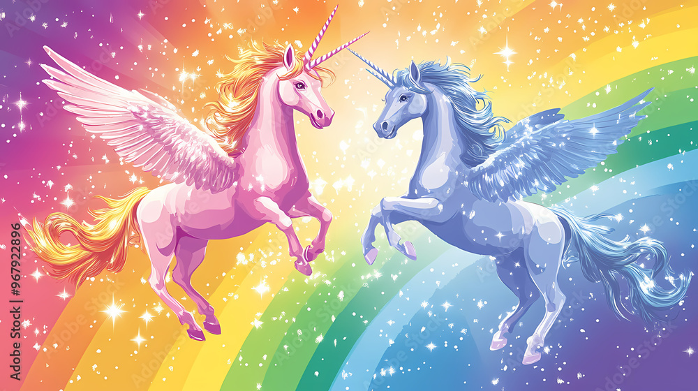 Artistic style unicorns with wings flying over a rainbow aspect perfect for print on demand artwork merchandise. Pegasus. Illustration Artistic style unicorns with wings flying over a rainbow aspect perfect for print on demand artwork merchandise. Pegasus. Illustration