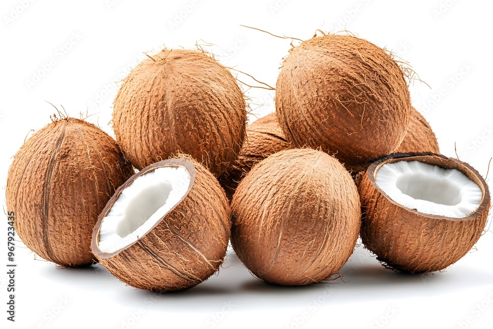 Whole and halved coconuts arranged on a white background. Whole and halved coconuts arranged on a white background.