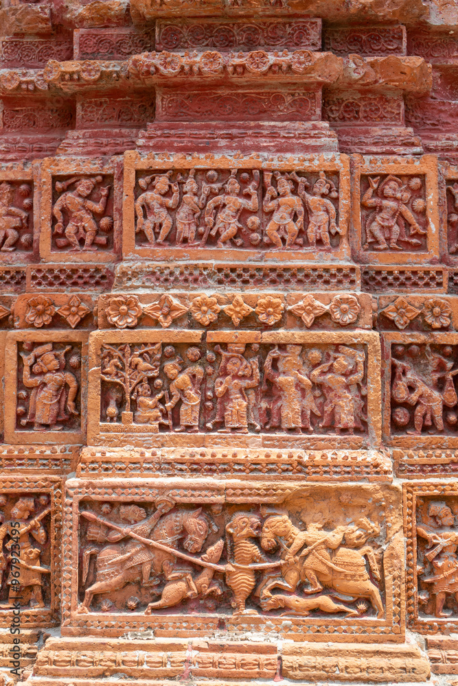 column decorated with terracotta carvings in Pancha Ratna Govinda Temple, Rajshahi District, Puthia, Bangladesh.