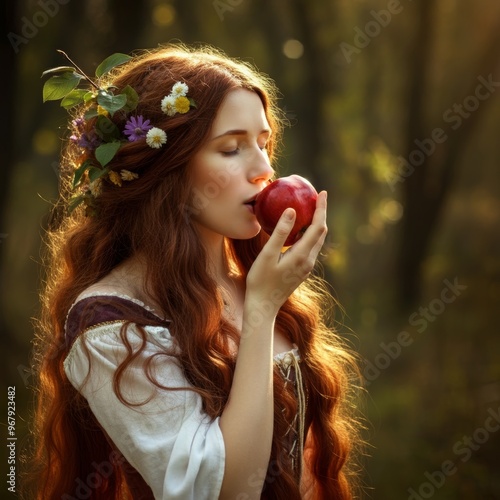 Beautiful medieval girl about to bite an apple standing in the forest. Fairytale heroine of an old tale. Fantasy. Medieval era photo