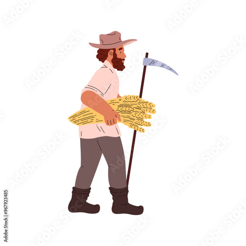 In this vector cartoon illustration, a man with a scythe and wheat in his hands