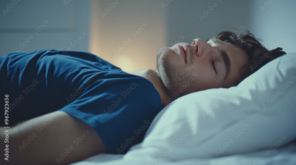 A man sleeping in bed with his eyes closed, wearing a blue t-shirt and white jeans, snoring loudly, at night, a close-up shot of his face showing visible breaths from the side view A man sleeping in bed with his eyes closed, wearing a blue t-shirt and white jeans, snoring loudly, at night, a close-up shot of his face showing visible breaths from the side view