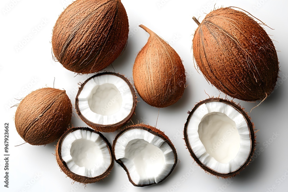 Whole and halved coconuts on a white surface. Whole and halved coconuts on a white surface.