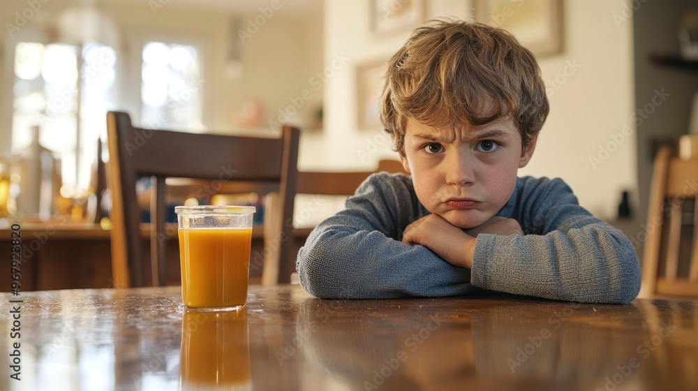 Fototapeta premium A boy at a table, looking worried at a spilled juice, hands clenched on his lap.