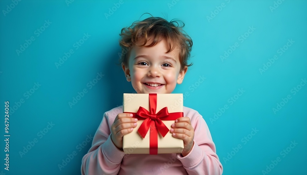 panoramic shot of smiling kid holding gift box on blue background panoramic shot of smiling kid holding gift box on blue background