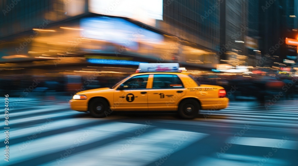 A blurred yellow taxi in motion on a busy city street, capturing urban life and transport. A blurred yellow taxi in motion on a busy city street, capturing urban life and transport.