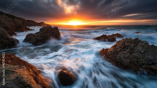 A dramatic sunset over a rocky coastline with crashing waves and moody clouds.