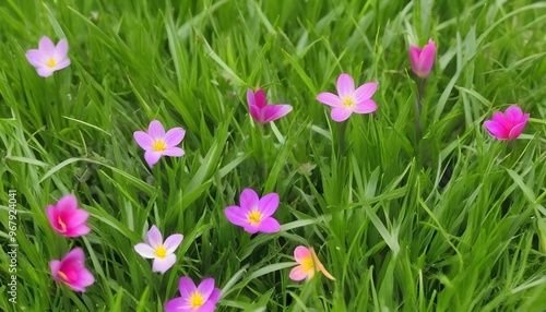 Spring flowers and fresh green grass. Plants as a background. Small whole flowers. Nature and plants.