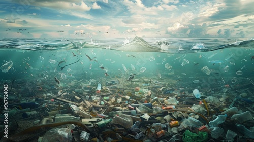 Devastating impact of pollution  marine life struggles amidst a sea of floating garbage and waste photo