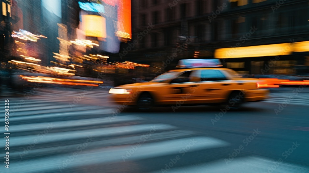 A blurred yellow taxi cab speeds through a city intersection, capturing urban movement. A blurred yellow taxi cab speeds through a city intersection, capturing urban movement.