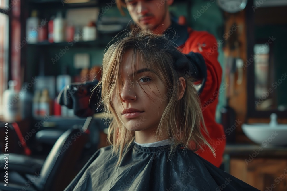 Woman, hairdresser and business or done in salon, professional stylist and client in chair. Satisication, treatment and happiness for hair style, customer and beauty industry for service complete Woman, hairdresser and business or done in salon, professional stylist and client in chair. Satisication, treatment and happiness for hair style, customer and beauty industry for service complete