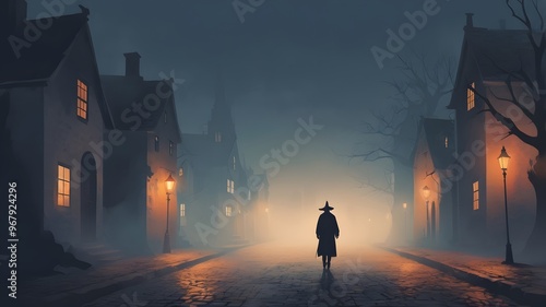 Wallpaper Mural A foggy Halloween night with a lone figure walking down a cobblestone street, painted in soft brushstrokes and muted colors perfect for Halloween Torontodigital.ca