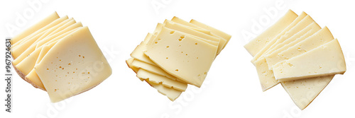 set of sliced Asiago cheese with a firm texture on a transparent background