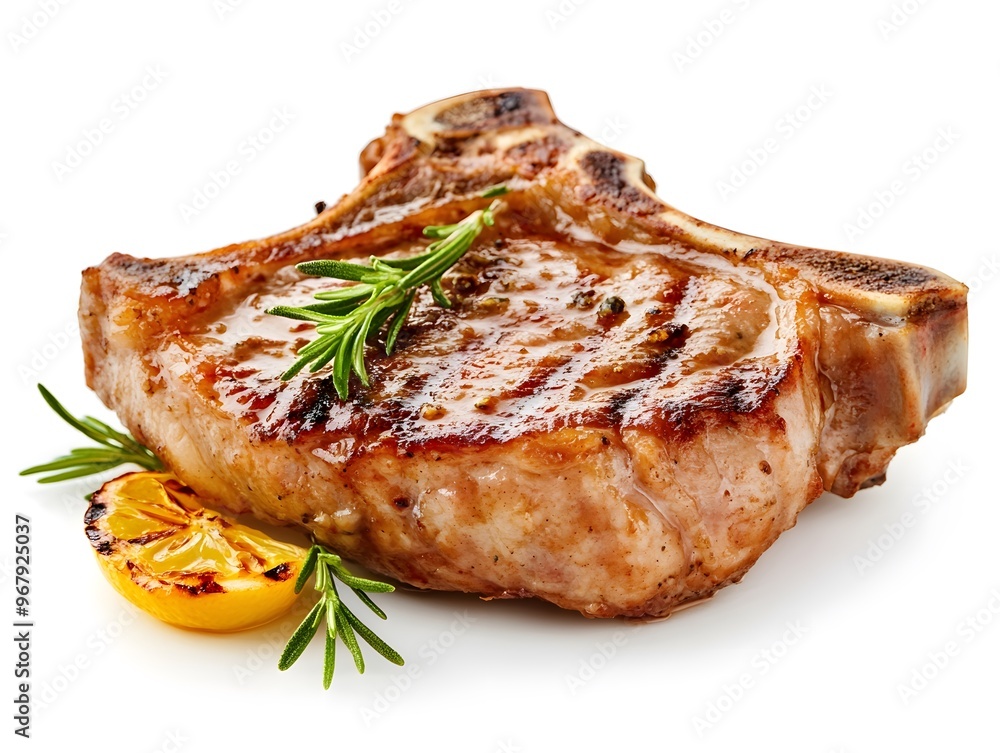 Grilled pork chop with herbs and lemon garnish. Grilled pork chop with herbs and lemon garnish.