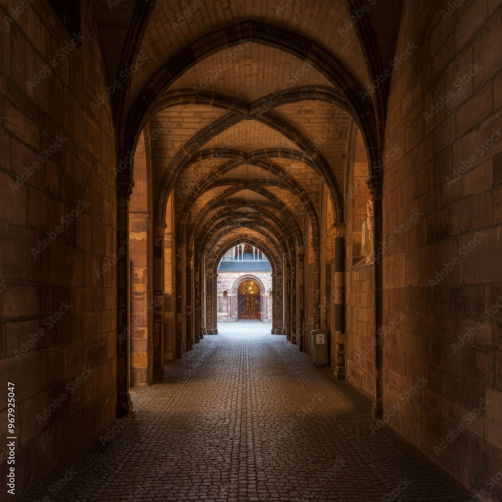 An arched hallway of the cathedral surrounding the central square An arched hallway of the cathedral surrounding the central square