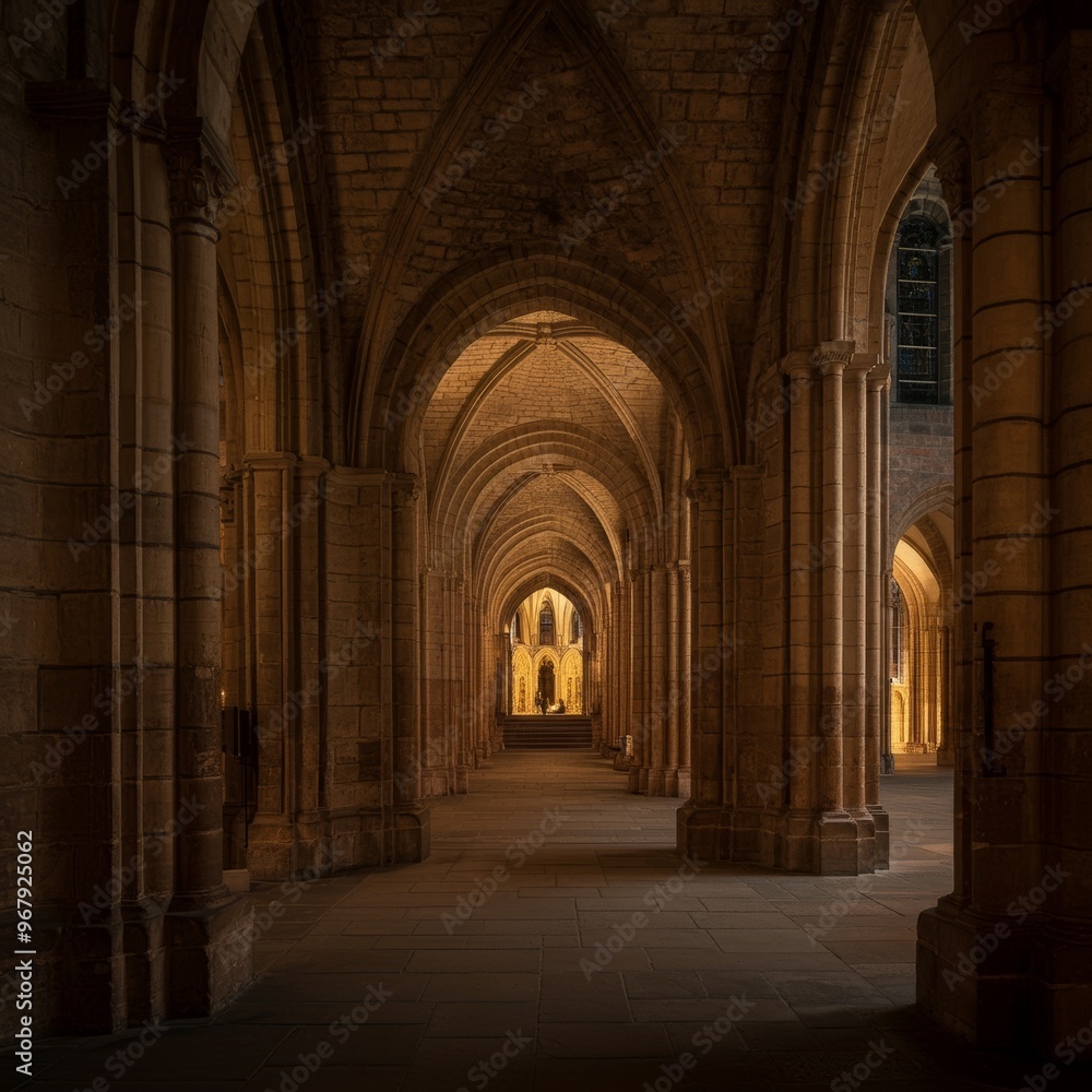 An arched hallway of the cathedral surrounding the central square An arched hallway of the cathedral surrounding the central square