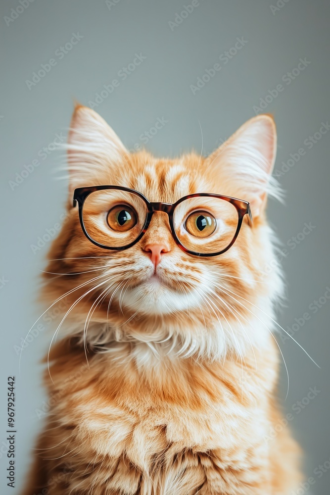 Cute funny cat wearing glasses, set against a solid color background. Intellectual look, perfect for pet-themed designs and concepts. Cute funny cat wearing glasses, set against a solid color background. Intellectual look, perfect for pet-themed designs and concepts.