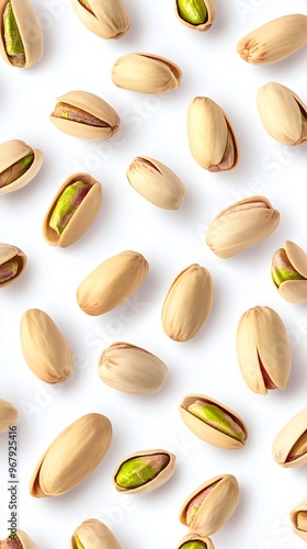 A variety of pistachio nuts on a white background.