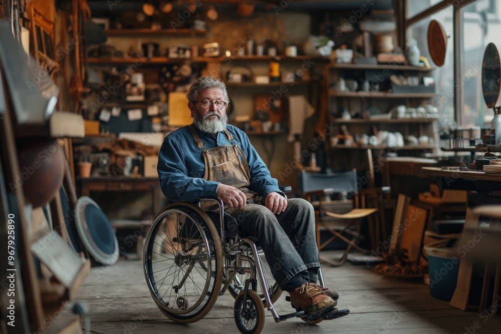 a disabled person works in a workshop and does repairs. A focused craftsman in a wheelchair is grinding metal parts for a customer in his workshop. Inclusion of a disabled person into society. a disabled person works in a workshop and does repairs. A focused craftsman in a wheelchair is grinding metal parts for a customer in his workshop. Inclusion of a disabled person into society.