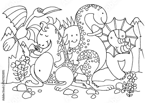Coloring page for kids with dinosaurs. Hand drawn vector illustration. Coloring book. Worksheet.