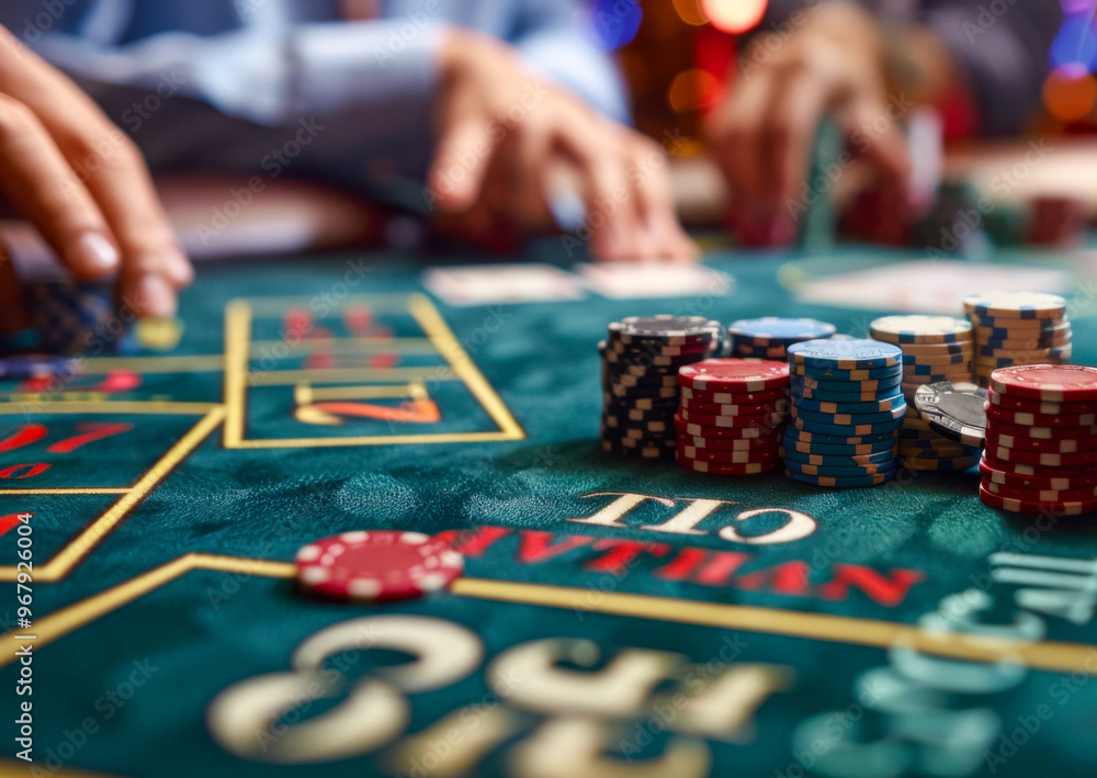 Players arranging poker chips on a casino table Players arranging poker chips on a casino table