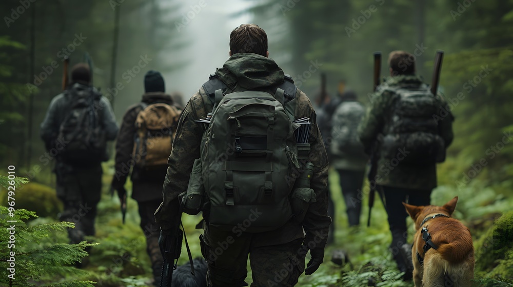 Group of hunters walking through a misty forest. Group of hunters walking through a misty forest.