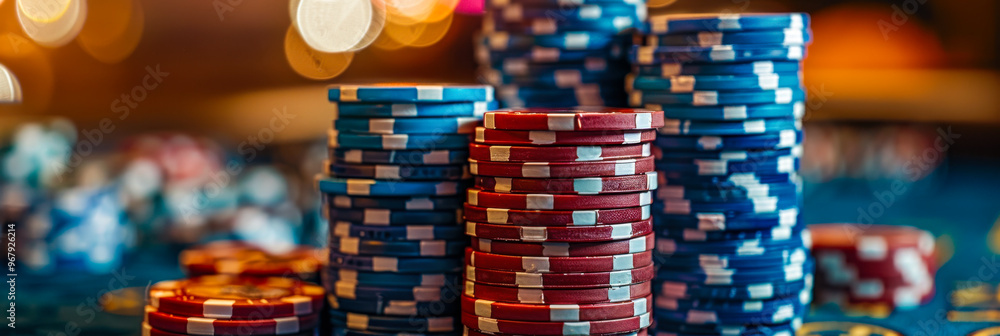 Fototapeta premium Stacks of poker chips on a casino table with bokeh lights