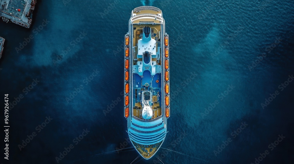 Aerial view of a large cruise ship anchored in blue waters. Aerial view of a large cruise ship anchored in blue waters.