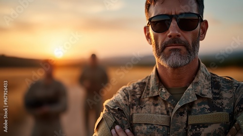 A mature soldier in a military uniform stands with purpose at dusk, his face set in a resolute expression, evoking a sense of commitment and undeterred determination. photo