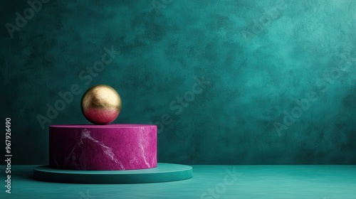 A singular gold egg balanced on a purple cylindrical object, set against an evenly hued green background, creating a simple yet eye-catching arrangement. photo