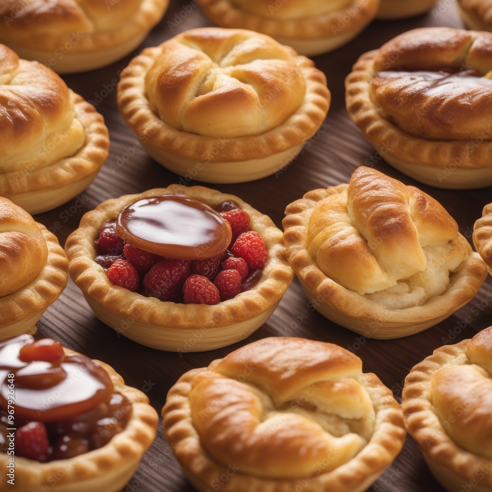 A bakery or patisserie display case featuring three types of pastries an apple tart a berry-filled pastry with caramel drizzle and fresh raspberries and another unidentified pastry. A bakery or patisserie display case featuring three types of pastries an apple tart a berry-filled pastry with caramel drizzle and fresh raspberries and another unidentified pastry.