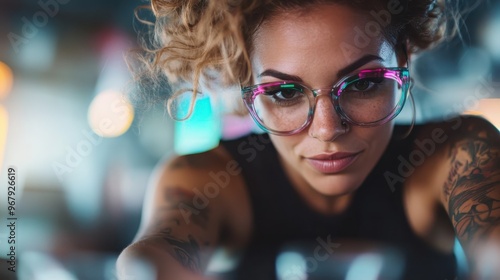 A tattooed woman with curly hair and neon glasses focuses intensely in a vibrant neon-lit setting, radiating a strong and creative energy.