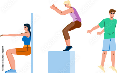 calf fitness exercises leg vector. raises hamstrings, quads plyometrics, sprints cycling calf fitness exercises leg 6 character. people flat cartoon illustration
