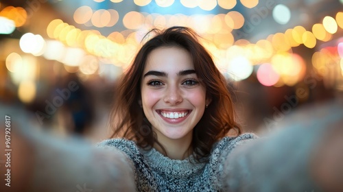 A young woman with a wide smile taking a selfie, surrounded by colorful bokeh lights, creating a cheerful and vibrant scene full of joy and happiness.